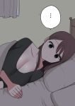  ... 1girl bed breasts brown_eyes brown_hair cleavage curtains highres long_hair looking_at_viewer lying on_bed on_side original pillow pink_nails spoken_ellipsis zurikishi 