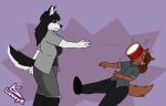  angry anthro canid canine canis clothed clothing domestic_dog drum duo falling female hi_res hit husky lonnyk mammal motion_lines musical_instrument nordic_sled_dog percussion_instrument slam spitz throwing_object 