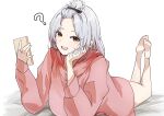  1girl ? absurdres alternate_costume brown_eyes commentary_request feet hand_on_own_face highres holding holding_phone hood hoodie long_sleeves lying on_bed on_stomach phone pink_hoodie solo touhou white_background white_hair yagokoro_eirin yagoro_kusuriya 