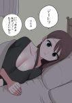  1girl bed breasts brown_eyes brown_hair cleavage curtains highres long_hair looking_at_viewer lying on_bed on_side original pillow pink_nails smile translated zurikishi 