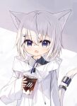  1girl :o animal_ear_fluff animal_ears bangs bendy_straw black_shirt blush collared_shirt commentary_request cup disposable_cup drawstring drinking_straw fang grey_background hair_between_eyes hand_up holding holding_cup jacket looking_at_viewer open_mouth original purple_eyes red_girl_(yuuhagi_(amaretto-no-natsu)) shirt sleeves_past_wrists solo tail tail_raised two-tone_background upper_body white_background white_hair white_jacket wide_sleeves yuuhagi_(amaretto-no-natsu) 