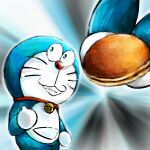  1:1 2019 anthro bell blue_body blue_fur collar domestic_cat doraemon doraemon_(character) dorayaki felid feline felis food front_view fur gesture holding_food holding_object looking_at_viewer machine male mammal mt_tg open_mouth open_smile pouch_(anatomy) red_collar red_nose robot shaded smile solo standing teeth thumbs_up whiskers white_body white_fur 