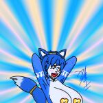  1:1 anthro blue_body blue_fur blue_hair breasts canid canine female fox fur gold_(metal) hair humor krystal mammal markings meme nintendo pasties simple_background solo star_fox text tribal tribal_markings video_games white_body white_fur zak898 