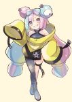  1girl arm_up bike_shorts black_footwear black_shirt black_shorts black_thighhighs blue_hair bow character_hair_ornament full_body grin hair_bow hair_ornament iono_(pokemon) jacket long_hair low-tied_long_hair low_twintails multicolored_hair pink_eyes pink_hair pokemon pokemon_(game) pokemon_sv ribbon sen1986 sharp_teeth shirt shoes shorts single_thighhigh sleeveless sleeveless_shirt sleeves_past_wrists smile solo teeth thigh_strap thighhighs twintails two-tone_hair very_long_hair very_long_sleeves yellow_jacket 