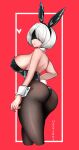  absurdres animal_ears ass breasts highres looking_at_viewer looking_back nier_(series) nier_automata pantyhose playboy_bunny rabbit_ears red_background solo uzzy2801 yorha_no._2_type_b 