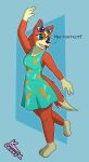  absurd_res animal_crossing anthro audie_(animal_crossing) blue_eyes canid canine canis clothing dialogue dress english_text eyewear female gesture hi_res lonnyk looking_back mammal nintendo solo standing sunglasses text video_games waving wolf 