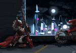  absurd_res anthro city city_background female hi_res machine noisy_(redace83) protogen sitting solo tagme vekyn weapon 