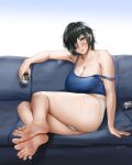  1girl bare_arms bare_legs bare_shoulders barefoot beer_can black_hair blue_bra blush bra breasts can chainsaw_man cleavage collarbone couch easonx eyepatch green_eyes highres himeno_(chainsaw_man) large_breasts looking_at_viewer parted_lips short_hair short_shorts shorts sitting soles solo sports_bra strap_slip sweat toes underwear white_shorts 