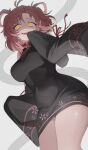  1girl bangs bare_shoulders black_dress breasts china_dress chinese_clothes commentary covered_navel cowboy_shot detached_sleeves dress from_below highres large_breasts long_sleeves looking_at_viewer lvemhrd naughty_face open_mouth original pink_hair red_hair short_hair simple_background sleeves_past_wrists smile solo teeth thighs upper_teeth white_background yellow_eyes 