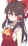  1girl ascot blush bow brown_hair closed_mouth e.o. hair_between_eyes hair_bow hair_tubes hakurei_reimu highres japanese_clothes long_hair looking_at_viewer nontraditional_miko red_bow red_eyes sidelocks simple_background solo touhou upper_body white_background yellow_ascot 