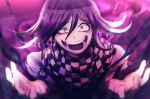  1boy :d bangs checkered_clothes crazy danganronpa_(series) danganronpa_v3:_killing_harmony hair_between_eyes jacket long_sleeves male_focus medium_hair nantoka_aida open_mouth ouma_kokichi pink_background pink_eyes pink_hair shiny shiny_hair short_hair smile solo teeth tongue upper_body 