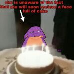  2022 birthday_cake cake candle dessert dialogue english_text female food hi_res keeshee lit_candle ncs purple_body reptile scalie snake snake_hood solo text 