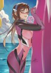  1girl beach bodysuit breasts brown_hair commentary evangelion:_3.0_you_can_(not)_redo fadingz glasses green_eyes hairband highres interface_headset leaning_forward long_hair looking_at_viewer makinami_mari_illustrious medium_breasts neon_genesis_evangelion outdoors pink_bodysuit plugsuit rebuild_of_evangelion red-framed_eyewear smile solo surfboard twintails 