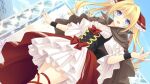  1girl :d bangs blonde_hair blue_eyes bow bowtie day dress drill_hair dutch_angle floating_hair game_cg hair_between_eyes hair_ornament layered_dress leg_ribbon long_hair nishimata_aoi open_mouth outdoors red_bow red_bowtie red_ribbon ribbon short_dress smile solo standing suzuhira_hiro tsuki_ni_yorisou_otome_no_sahou twintails underbust ursule_fleur_jeanmaire white_dress wristband 