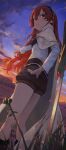  1girl absurdres back bingwei_huang black_socks blue_sky cape cloud eris_greyrat grass hairband hand_on_hip highres long_hair looking_at_viewer mushoku_tensei outdoors pointing red_eyes red_hair shorts sky socks solo sword weapon 