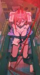  1girl barefoot black_necktie blood blood_on_clothes blood_on_face blood_on_feet blood_on_ground blue_jacket breasts chainsaw_man cleavage cro0703 cross-shaped_pupils fangs from_above hair_between_eyes highres horns jacket jacket_partially_removed long_hair looking_at_viewer medium_breasts necktie open_mouth pants pants_rolled_up pink_hair power_(chainsaw_man) red_horns scythe shirt shirt_partially_tucked_in solo symbol-shaped_pupils toilet tongue tongue_out white_shirt 