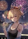  1girl absurdres alternate_costume bandaged_arm bandages bangs bare_shoulders blonde_hair blush breasts camisole casual cleavage commentary_request contemporary fakey fireworks grin hand_up highres holding large_breasts looking_at_viewer night night_sky off_shoulder outdoors ponytail short_hair shoulder_tattoo sky smile solo spaghetti_strap tattoo upper_body yellow_eyes yoimiya_(genshin_impact) 