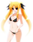  1girl ass_visible_through_thighs bangs bare_arms bikini black_bikini black_bow blonde_hair bow breasts cleavage collarbone cowboy_shot engo_(aquawatery) fate_testarossa floating_hair groin hair_between_eyes hair_bow highres long_hair looking_at_viewer lowleg lowleg_bikini lyrical_nanoha navel open_mouth red_eyes shiny shiny_hair simple_background small_breasts solo standing swimsuit twintails very_long_hair white_background 