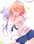  2girls :d absurdres bare_arms blue_eyes blue_ribbon blue_shorts blush brown_hair chestnut_mouth closed_eyes collared_shirt cowboy_shot crop_top floating_hair gochuumon_wa_usagi_desu_ka? grey_hair hat highres hoto_cocoa hug hug_from_behind kafuu_chino long_hair midriff mini_hat multiple_girls neck_ribbon noshi_nono one_eye_closed open_mouth ribbon sailor_collar sailor_shirt shiny shiny_hair shirt short_hair short_shorts shorts sleeveless sleeveless_shirt smile stomach twintails twitter_username white_headwear white_sailor_collar white_shirt 