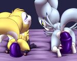  anal anal_penetration anthro anus bandai_namco bed bed_sheet bedding butt dark_sclera digimon digimon_(species) dildo dildo_in_ass dildo_insertion dipstick_ears duo facial_markings female furball_(artist) furniture garurumon head_markings huge_dildo hybrid impmon jeina_garurimpmon_(character) looking_at_viewer looking_back looking_back_at_viewer markings multicolored_ears object_in_ass on_bed pawpads penetration purple_dildo raised_tail renamon renimpmon renimpmon_x sex_toy sex_toy_in_ass sex_toy_insertion short_stack simple_background 