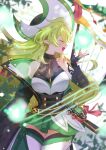  1girl absurdres bangs bare_shoulders black_gloves black_sleeves bodice breasts closed_eyes commentary detached_sleeves dress elbow_gloves elf elsword fingerless_gloves gloves green_dress green_hair harp hat hat_feather highres instrument large_breasts long_hair magic music open_mouth pointy_ears profile prophetess_(elsword) rena_erindel sasa_(sa1008va) singing smile solo two-tone_dress very_long_hair white_dress 
