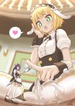  2girls :o animal_ears apron black_footwear black_hairband black_skirt blonde_hair blurry blurry_background blush breasts center_frills collared_shirt commentary_request cup depth_of_field fake_animal_ears fleur_de_lapin_uniform flower-shaped_pupils frilled_apron frilled_hairband frills gochuumon_wa_usagi_desu_ka? green_eyes hairband hand_on_own_cheek hand_on_own_face hand_up heart highres holding holding_spoon indoors kirima_syaro long_hair medium_breasts minigirl multiple_girls open_mouth pleated_skirt puffy_short_sleeves puffy_sleeves purple_hair rabbit_ears shirt shoes short_sleeves signature skirt small_breasts spoken_heart spoon standing symbol-shaped_pupils teacup teapot tedeza_rize teeth thighhighs umiroku uniform upper_teeth very_long_hair waist_apron waitress white_apron white_shirt white_thighhighs wrist_cuffs 