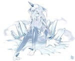  1girl arm_support bangs blue_eyes breasts colored_skin commentary_request full_body grey_hair grey_skin hair_over_one_eye highres ice kazana_(sakuto) knee_up large_breasts looking_at_viewer monster_girl nude open_mouth original simple_background sitting slime_girl snow solo spikes white_background 