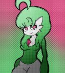  2022 ahoge ailin breasts cleavage clothed clothing female gardevoir generation_3_pokemon gradient_background green_hair hair humanoid looking_at_viewer malegardevoir medium_breasts medium_hair nintendo not_furry pokemon pokemon_(species) red_eyes simple_background smile smirk solo video_games 