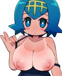  1girl blue_eyes blue_hair breasts bright_pupils freckles hairband lana_(pokemon) large_breasts miyazero nipples no_sclera one-piece_swimsuit pokemon short_hair simple_background solo swimsuit tan tanlines white_background white_pupils yellow_hairband 