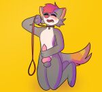  anthro blushy bodily_fluids canid canine canis collar collar_pull cum fox fur genital_fluids genitals hi_res hybrid knot knotting leaking_cum leaking_precum leash leash_and_collar leash_pull male mammal masturbation moan open_mouth orange_body orange_fur paws penis pointed_tail precum pubes red_body red_fur sex shadings simple_background solo sparks_swiftpaw tail_motion tipped_ears unknown_artist wolf yellow_background yellow_body yellow_fur 