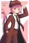  1girl animal_ears animal_hat arm_up bangs black_necktie blush brown_headwear brown_jacket brown_pants cabbie_hat cat_ears cat_tail closed_mouth collared_shirt commentary_request coreytaiyo dated dress_shirt english_text fake_animal_ears hand_in_pocket hand_on_headwear hat highres jacket long_sleeves looking_at_viewer multiple_tails necktie open_clothes open_jacket original pants pink_background pink_hair purple_eyes shirt short_hair signature solo suspenders tail thank_you two-tone_background two_tails white_background white_shirt 