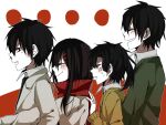  2boys 2girls bangs black_eyes black_hair blazer blue_necktie blush cardigan closed_eyes closed_mouth collared_shirt commentary enomoto_takane enpera from_side green_cardigan grey_jacket hair_ornament hairpin hand_on_another&#039;s_back jacket kagerou_project kisaragi_shintarou kokonose_haruka long_hair long_sleeves looking_at_another messy_hair multiple_boys multiple_girls multiple_hairpins necktie nervous nervous_smile open_mouth outstretched_arm red_background red_scarf scarf school_uniform shigunohito shirt short_hair smile sweat tateyama_ayano twintails two-tone_background white_background white_shirt yellow_cardigan 