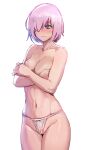  1girl blush bow_(bhp) breasts cleavage covering covering_breasts cowboy_shot crossed_arms fate/grand_order fate_(series) fundoshi hair_over_one_eye japanese_clothes mash_kyrielight medium_breasts navel purple_eyes purple_hair revision short_hair simple_background solo standing stomach topless white_background 