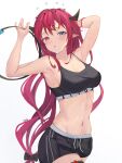  absurdres armpits blue_eyes breasts chyraliss cleavage dark-skinned_female dark_skin highres hololive hololive_english horns irys_(hololive) long_hair looking_at_viewer medium_breasts midriff navel parted_lips pink_eyes pointy_ears red_hair ring-con shorts simple_background sports_bra sweat virtual_youtuber white_background 
