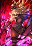  1girl absurdres blonde_hair breasts fairy_knight_gawain_(fate) fairy_knight_gawain_(second_ascension)_(fate) fate/grand_order fate_(series) green_eyes hayato_moonskeb heterochromia highres holding holding_sword holding_weapon large_breasts long_hair red_eyes solo sword thick_thighs thighs weapon 