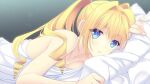  1girl bangs bare_arms bed_sheet blonde_hair blue_eyes breasts cleavage collarbone drill_hair game_cg hair_between_eyes hair_intakes indoors long_hair looking_at_viewer lying nishimata_aoi on_stomach parted_lips pillow shiny shiny_hair solo suzuhira_hiro tsuki_ni_yorisou_otome_no_sahou twintails under_covers ursule_fleur_jeanmaire 