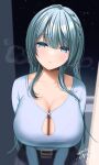  1girl aqua_hair bangs belt blue_eyes blush braid breasts cleavage cold highres large_breasts long_hair looking_at_viewer night night_sky open_mouth original sky solo star_(sky) yuzuri_ai 