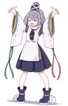  1girl absurdres black_footwear black_headwear black_skirt blush_stickers closed_eyes detached_sleeves full_body grey_hair hat highres japanese_clothes kame_(kamepan44231) kariginu long_hair mononobe_no_futo open_mouth pleated_skirt pom_pom_(clothes) ponytail ribbon-trimmed_sleeves ribbon_trim shoes simple_background skirt smile solo tate_eboshi touhou white_background white_sleeves wide_sleeves 