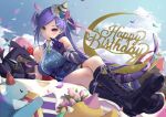  1girl asymmetrical_arms bandaged_arm bandages bangs bare_shoulders birthday birthday_cake blue_dress blue_eyes boots breasts buttons cake collared_dress cross-laced_footwear crossed_legs double-breasted dragon dragon_arm dragon_girl dragon_tail dragoon_(selen_tatsuki) dress ember_(selen_tatsuki) food foreshortening fork gradient_dress hair_ornament hairclip happy_birthday hat head_wings heterochromia highres knee_boots large_breasts leah_(134aah) light_blush long_hair looking_at_viewer military military_uniform nijisanji nijisanji_en official_alternate_costume official_alternate_hairstyle party_hat petals pointy_ears ponytail pouch purple_belt purple_eyes purple_hair purple_wings selen_tatsuki sideboob sitting sky sleeveless swept_bangs tail taut_clothes taut_dress uniform utensil_in_mouth very_long_hair virtual_youtuber wings 