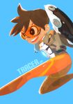  1girl :d ass bangs bodysuit bomber_jacket breasts brown_eyes brown_hair character_name chest_harness english_commentary gloves goggles gun harness highres jacket medium_breasts orange_bodysuit orange_goggles overwatch overwatch_2 short_hair smile solo spiked_hair tracer_(overwatch) weapon zettonamo888 