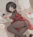  1girl :d armpits ass bangs bare_arms bare_shoulders black_hair black_pantyhose breasts cake dress food grey_eyes highres looking_at_viewer lying medium_breasts on_side open_mouth pantyhose plate red_dress ruby_rose rwby sheet_grab shiny shiny_hair shoes short_hair smile solo spoon tile_floor tiles wangxiii 