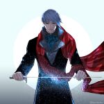  1boy absurdres black_coat coat eyebrows_hidden_by_hair grey_eyes grey_hair highres holding holding_sword holding_weapon male_focus red_scarf scarf smile solo sword tokyo_ghoul tsukiyama_shuu upper_body weapon yamasaki_haruta 