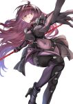  1girl absurdres armor bangs bodysuit breasts covered_navel fate/grand_order fate_(series) gae_bolg_(fate) hair_between_eyes highres large_breasts long_hair looking_at_viewer pauldrons polearm purple_bodysuit purple_hair red_eyes scathach_(fate) shoulder_armor solo spear thighs weapon zuihou_de_miao_pa_si 