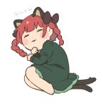  1girl :3 animal_ears barefoot black_bow blush bow braid cat_ears cat_tail chibi citrus_(place) closed_eyes dress extra_ears fetal_position green_dress kaenbyou_rin multiple_tails puffy_sleeves red_hair sleeping solo tail touhou twin_braids two_tails white_background 