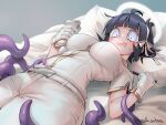  1girl ahoge azazel_(helltaker) black_hair blue_eyes blush breasts gloves halo helltaker highres large_breasts lying noah_(tettsui-sole) notepad on_back pencil pillow saliva shirt short_hair solo sweat tentacles twitter_username white_background white_gloves white_shirt 