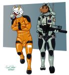  2021 anthro armor bdsm bondage bound bovid bulge caprine clothed clothing cyrus_mackenzi goat goatsludge gun headgear helmet hi_res holding_gun holding_object holding_weapon horn male mammal orange_straitjacket ranged_weapon restraints standing straitjacket submissive submissive_anthro submissive_male suule_(character) weapon 