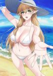  1girl aranis_elvene arm_up beach bikini blonde_hair breasts cleavage collarbone earrings elf green_eyes hat highres indie_virtual_youtuber jewelry large_breasts looking_at_viewer navel ocean open_mouth outstretched_hand pointy_ears sand smile solo sun_hat swimsuit virtual_youtuber white_bikini xter 