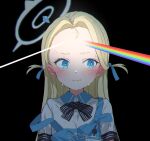  1girl apron bangs black_background blonde_hair blue_apron blue_archive blue_eyes bow bowtie commentary_request dark_background dark_side_of_the_moon forehead gomennasai halo highres id_card long_hair parted_bangs pink_floyd rainbow reflection short_sleeves solo sora_(blue_archive) striped striped_bow striped_bowtie sweat two_side_up upper_body 
