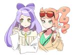  2girls coat dede_(qwea_00000) earrings eyeshadow eyewear_on_head green_eyes hair_ornament hair_twirling heart heart_hair_ornament jewelry labcoat makeup miriam_(pokemon) multiple_girls nail_polish orange_hair pokemon pokemon_(game) pokemon_swsh purple_hair side_ponytail simple_background sonia_(pokemon) white_background 