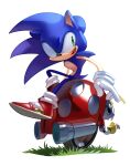  1boy antennae exhaust_pipe full_body furry furry_male gloves grass green_eyes highres miitara moto_bug open_mouth red_footwear robot shoes simple_background sitting smile sneakers sonic_(series) sonic_the_hedgehog wheel white_background white_gloves 